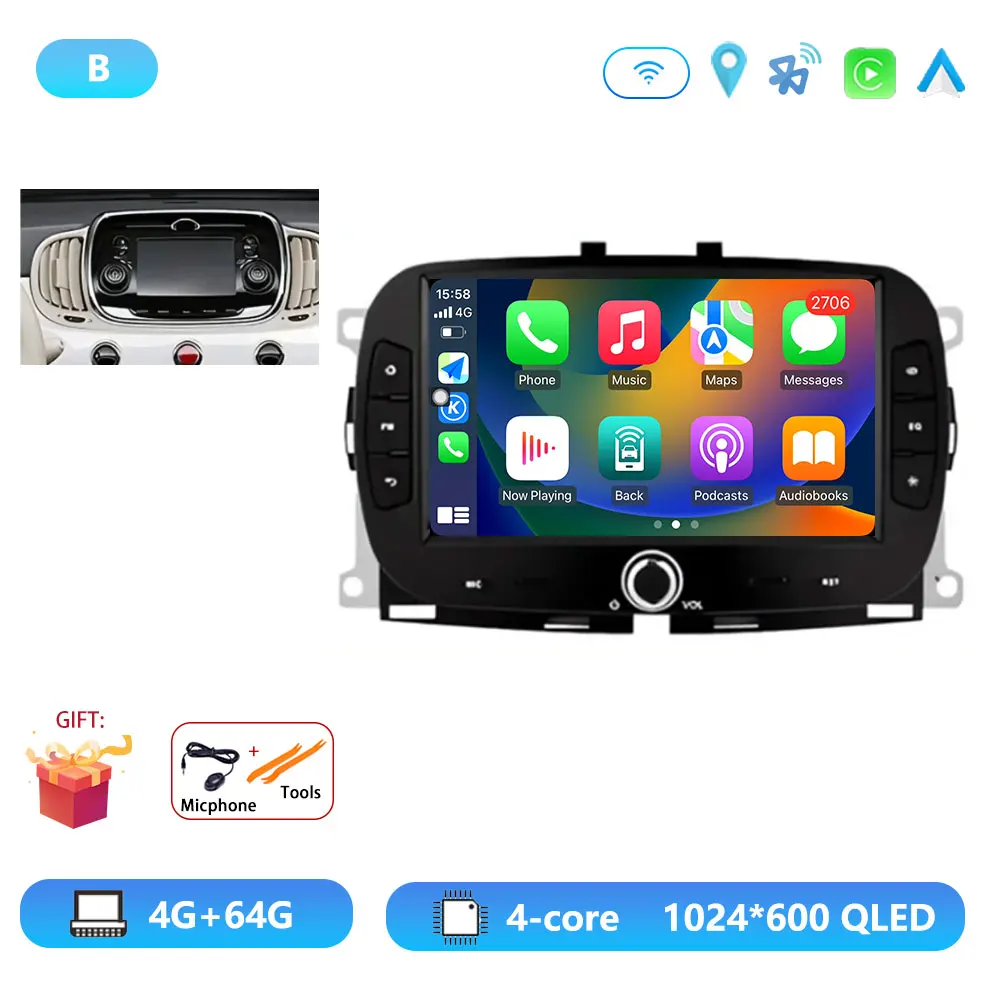 Android15 Voor Fiat 500 2016-2019 Autoradio Multimedia Speler Video Navigatie Carplay Stereo GPS WIFI DSP Carplay Android auto - afbeelding 1