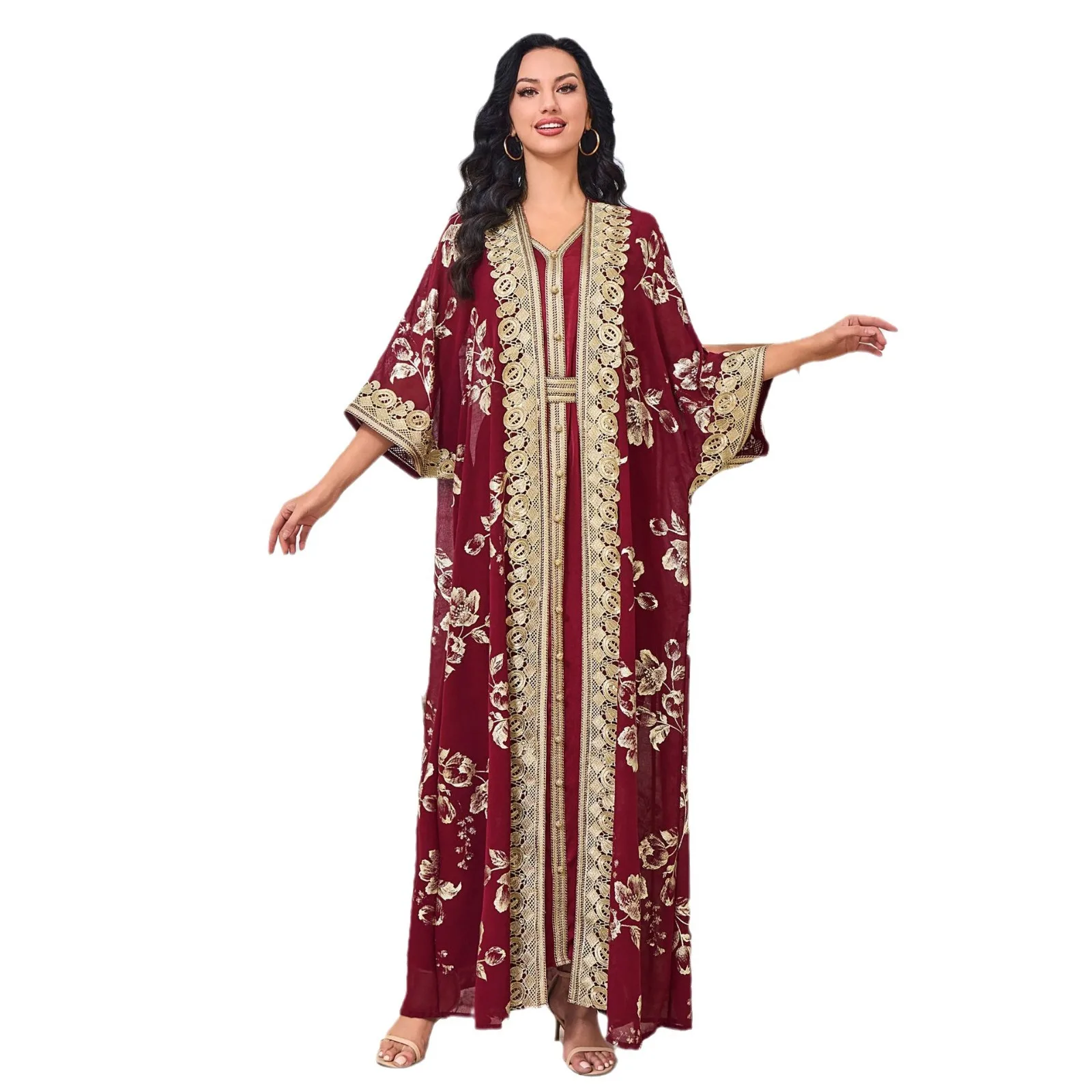 Muslim Dress 2024 New Middle Eastern Fashion Elegant Red Dress, Two Piece Set with Phnom Penh Robe