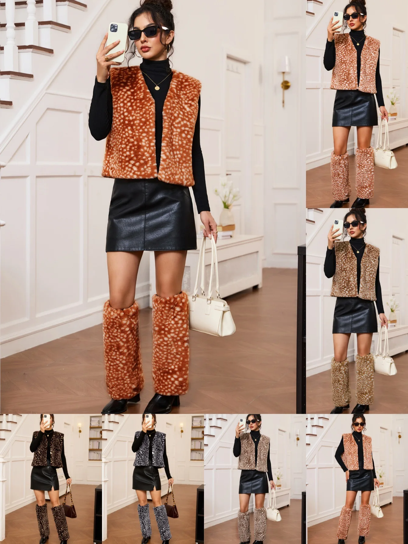 Sexy Spicy Deer Fur Vest Autumn Winter Faux Fur Leg Set for Trendy Girls Warm Stylish Animal Print Vest with Matching Pants