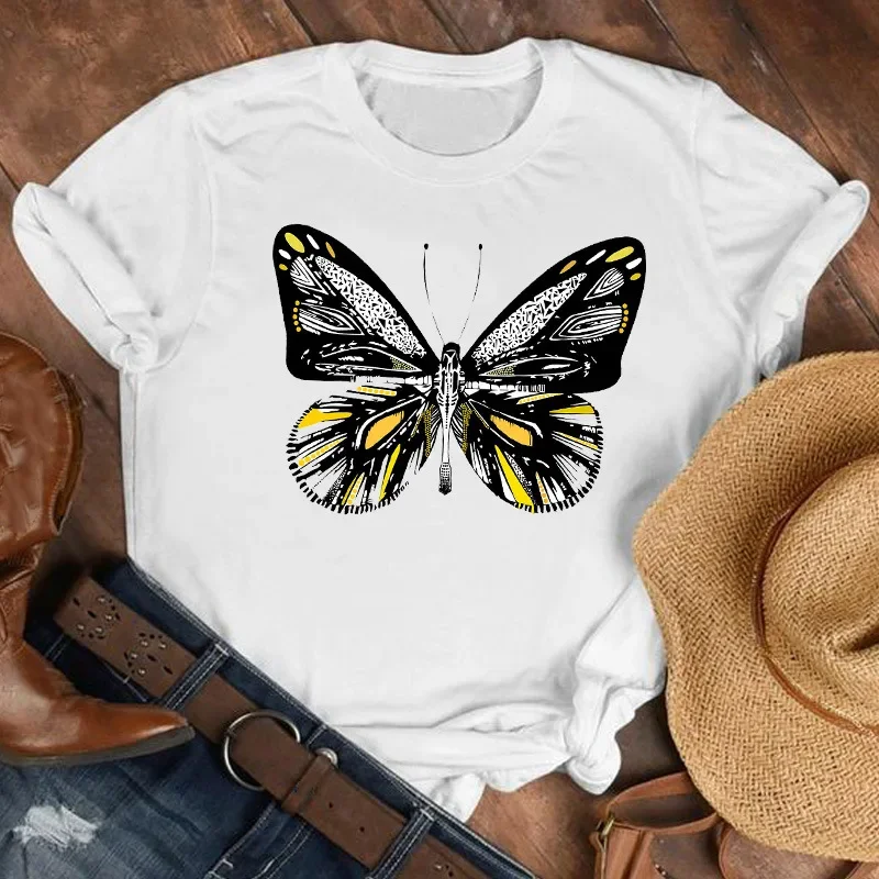 Elegant Floral Butterfly Print White T-shirt Round Neck Short Sleeve Women's Dress Aesthetic Clothes  Tops  Harajuku