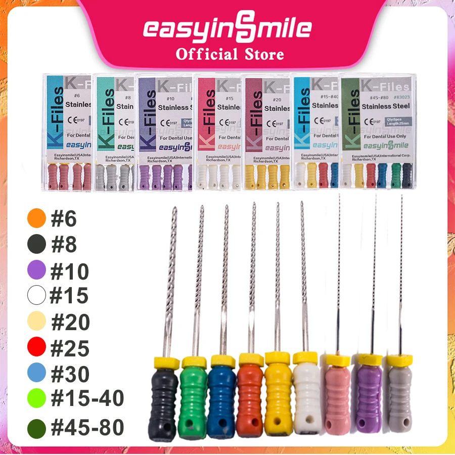 EASYINSMILE 10Packs Dental Endodontic K Files NITI Endo Hand File Instrument Tools #15-#40 Assorted for Root Canal Treatment