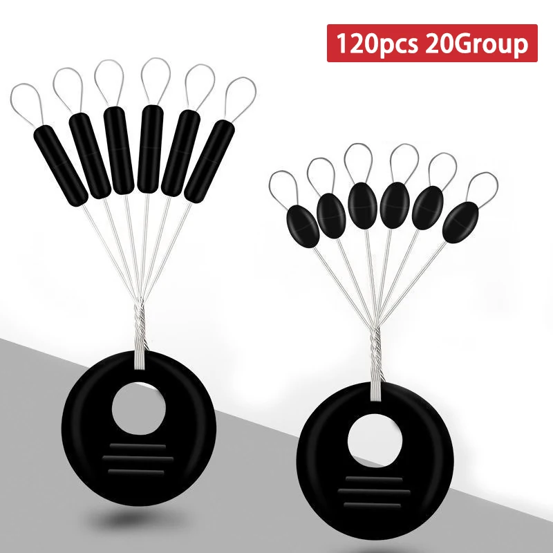 

120pcs 20Group Rubber Silicon Space Bean Sea Carp Fly Fishing Black Rubber Oval Stopper Fishing Float Fishing Bobber Float Line