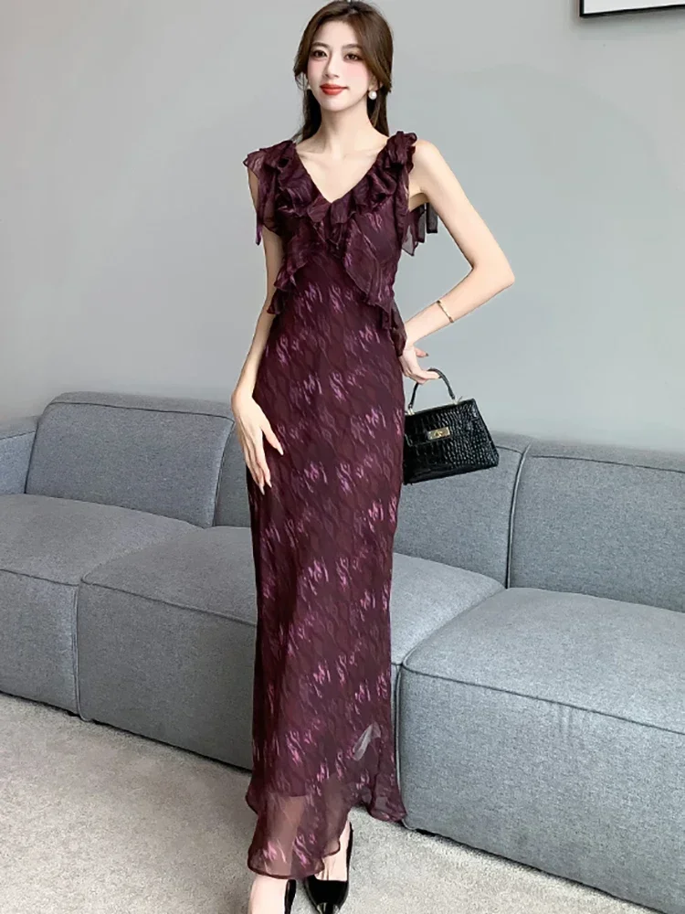 2025 الكورية أنيقة Bodycon فستان المرأة الأرجواني طباعة الشيفون تكدرت الخامس الرقبة الرافعة فستان مثير الصيف موضة فستان مناسبات غير رسمية