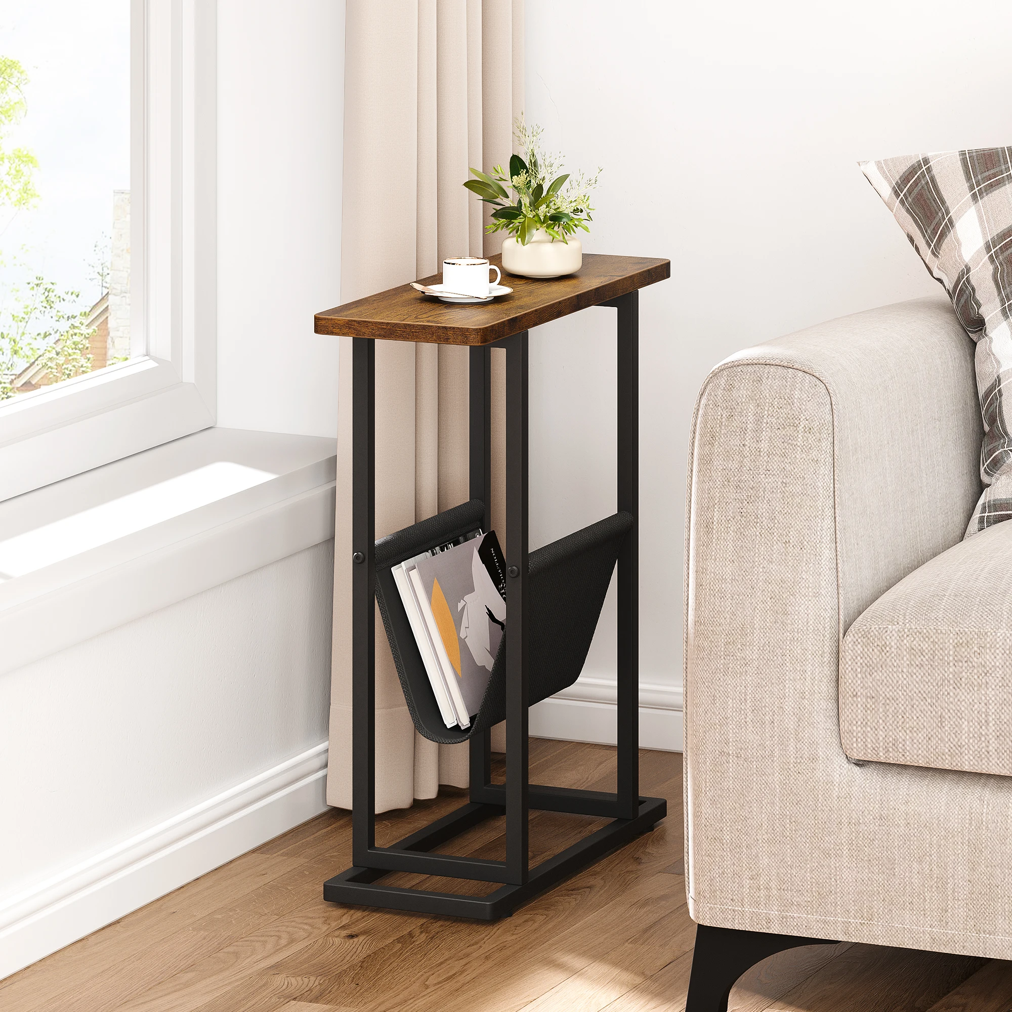 Narrow Side Table for Small Spaces Slim Bedside Table with Storage Holder Skinny End Table with Magazine Rack Coffee Table