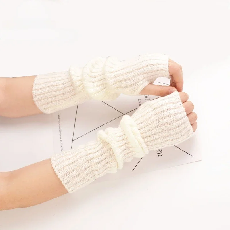 Black White Fingerless Gloves for Women Girl Knitted Long Arm Sleeves Arm Warmer Fine Casual Soft Punk Gothic Mittens