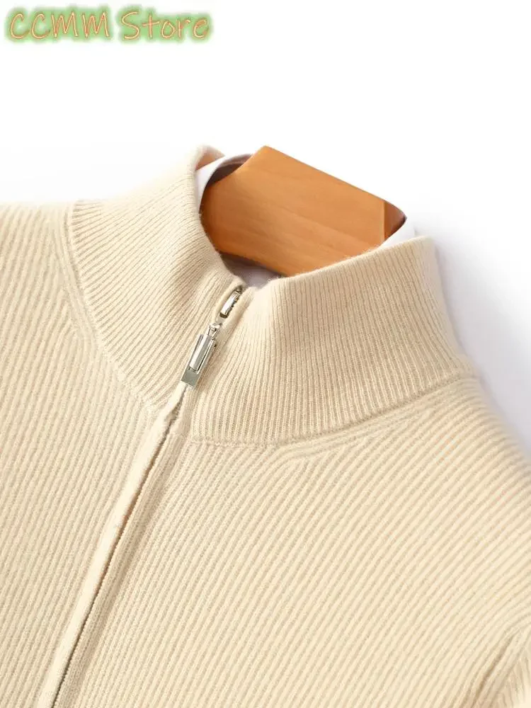 Men's Zipper Cashmere Cardigan Autumn Winter Thick Long Sleeve Sweater Merino Wool Knitwear Smart Casual Clothing Tops