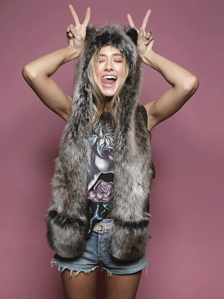 

Luxury Animal Fur Collar Scarf Hat Glove Sets Warm Winter Faux Fur Scarf Shawl Leopard Print Hood Fluffy Cap Winter Clothing