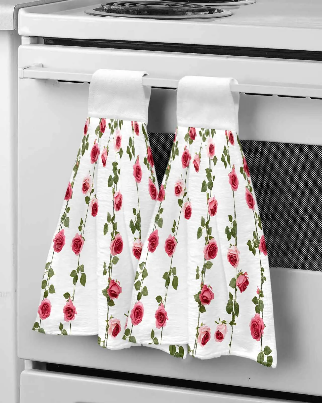 

Весеннее полотенце для рук с красными розами и листьями, принадлежности для ванной комнаты, мягкое впитывающее полотенце, кухонные аксессуары, чистящие салфетки для мытья посуды