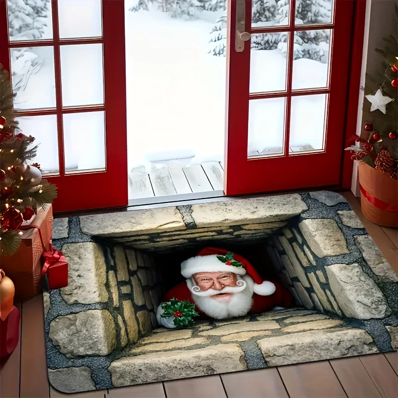 3D Visual Christmas Flannel Door Mat Santa Claus Stone Well Hole Pattern Non‑Slip Floor Rug for Indoor Entry Holiday Xmas Decor