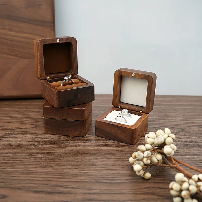 Wooden Ring Box Jewelry Display Lover Ring Holder Proposal Engagement wedding Organizer Golden Marriage Anniversary Love Gift