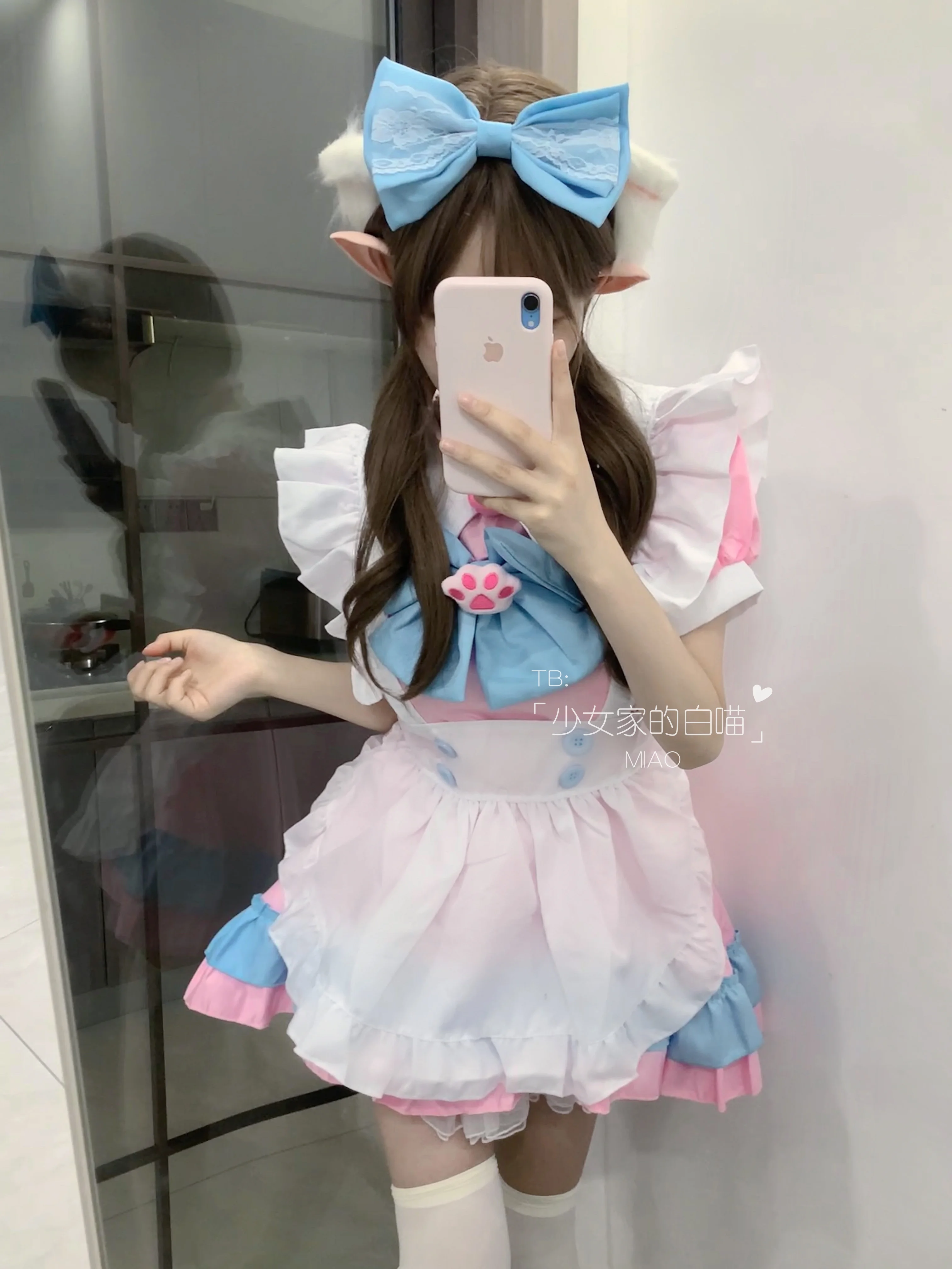 Cat French Maid Cos Pink Sweet Lolita Sets Cosplay Maid Uniform Anime Role Play Lolita Dress Short Sleeve Ruffles Play Costume