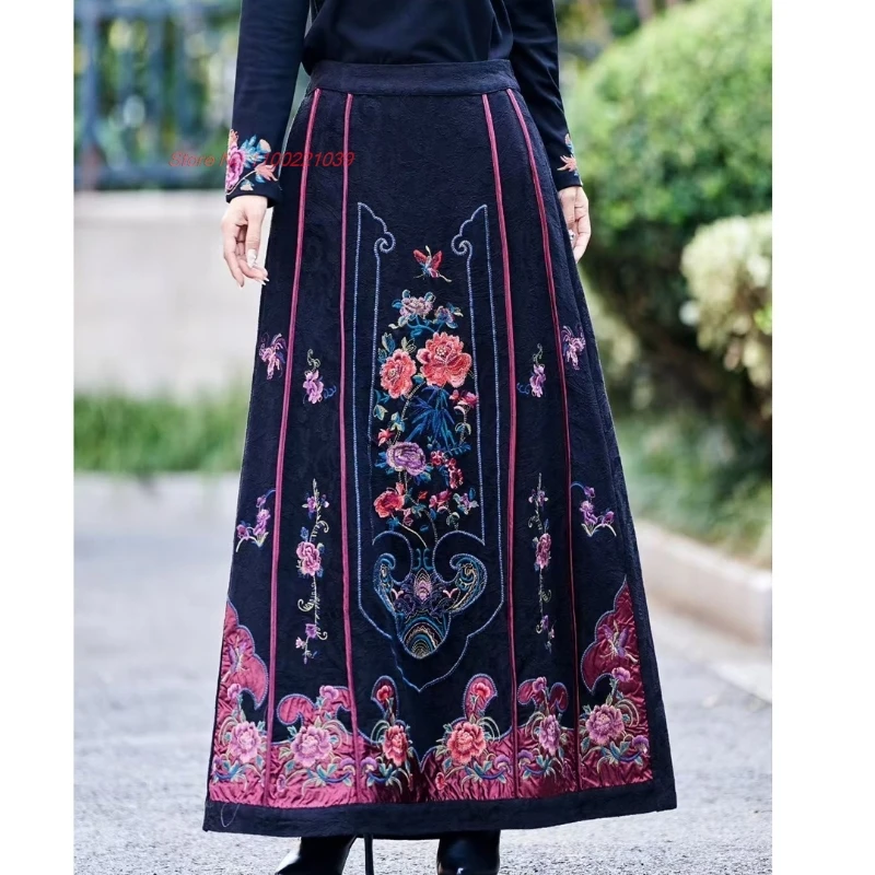 

2025 traditional chinese vintage skirt national flower embroidered cotton linen jacquard skirt elastic waist folk a-line skirt