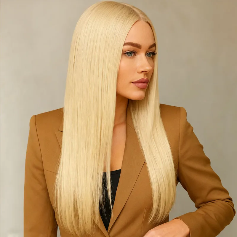 باروكة صناعية مستقيمة ذهبية مقاس 28 بوصة للسيدات عصرية وأنيقة ومناسبة لارتداء الحفلات اليومية