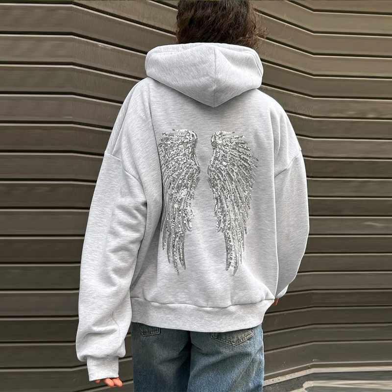 Trendy Creative Hooded Sweatshirt Wing Patterns Chic Designed Fashion Casual Long Sleeved Tops Versatile Women's Autumn Wear