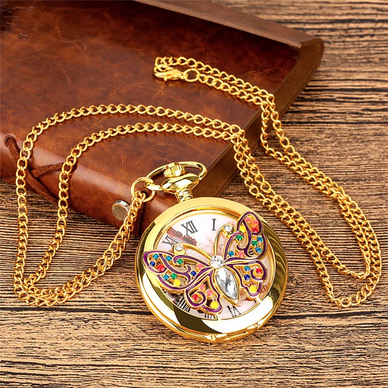 Old Fashion Bronze/gold Hollow Out Butterfly Design Unisex Quartz Pocket Watch Roman Number Necklace Pendant Chain Gift Clock