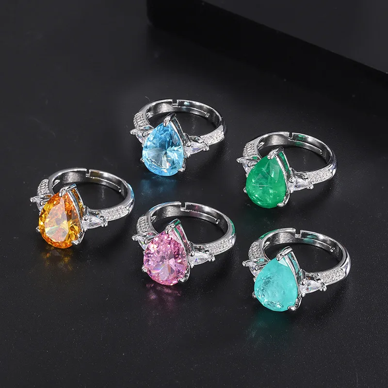 

Charms Paraiba Gemstone Pink Crystal Water Droplets Open Adjustable Ring Luxurious Wedding Anniversary Proposal Women's Jewelry