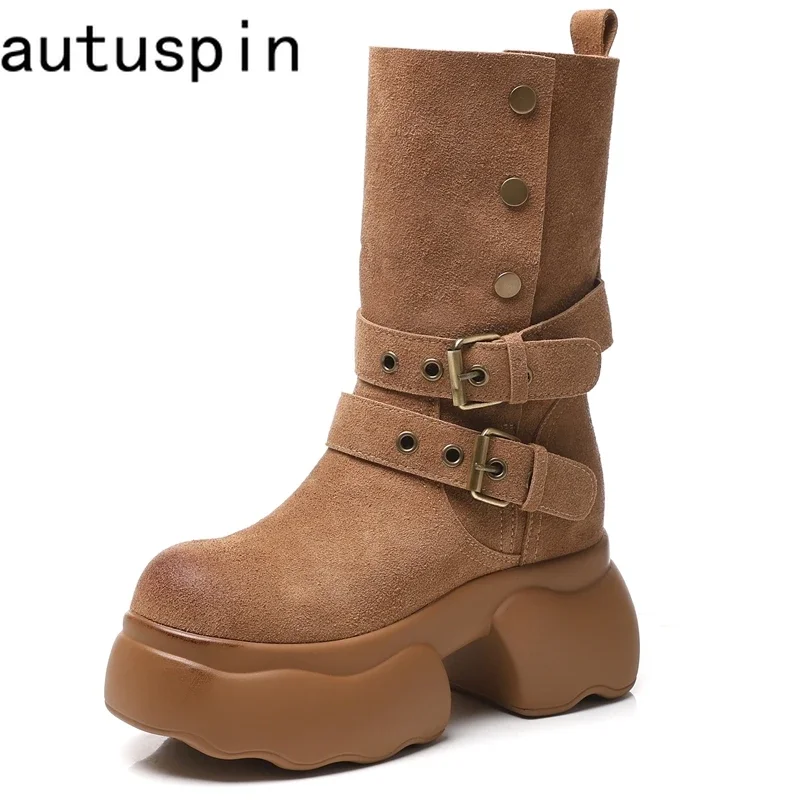 

AUTUSPIN 9.5cm Internal Height Mid-calf Boots in Winter Women Fashion Genuine Leather Short Boot Office Ladies Trendy Tide Shoes