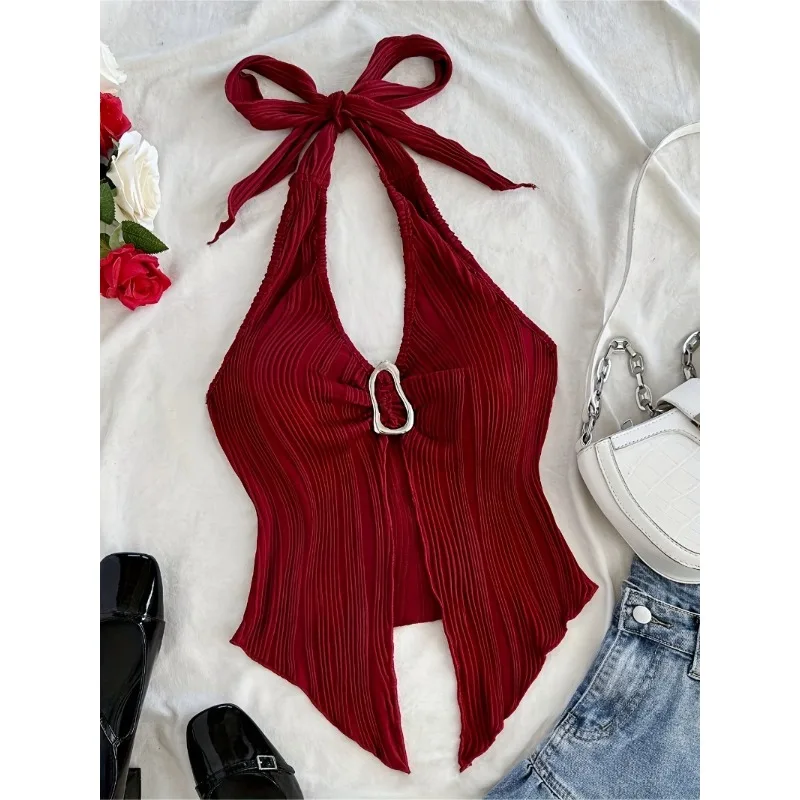 Summer for Women Sleeveless Top Clothes Solid Split Backless Women  V-neck Halter Neck Crop Top