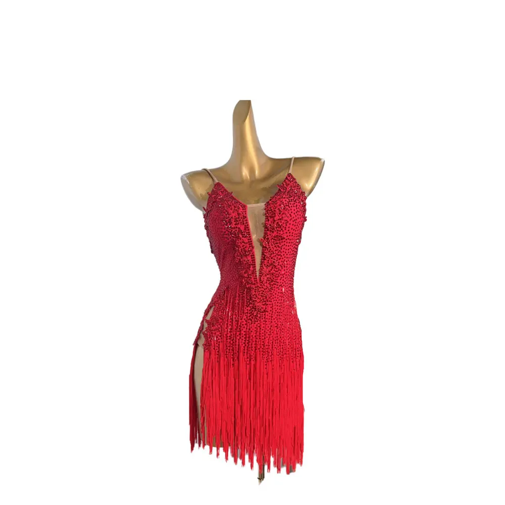 Latin danskostuum Strass Vrouwelijke Volwassen Kinderen High-end Aangepaste Rode Kwastje Jarretel Samba Prestaties Hoge Flash Jurk - afbeelding 2