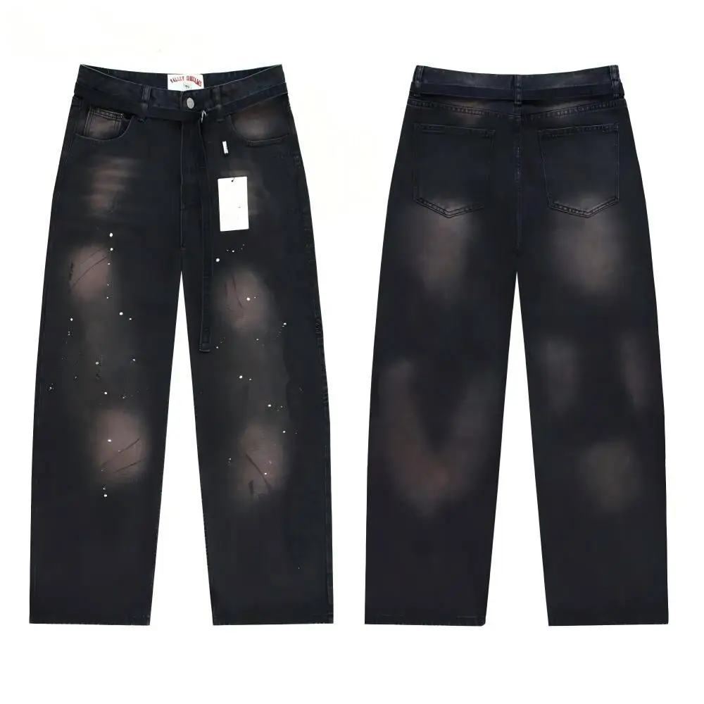 Vale Forever Vallery Cursive Letter Embroidery Washed Vintage Loose Straight Leg Men Denim Jeans