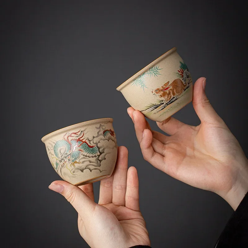 150ML Vintage Coarse Pottery Tea Ware Twelve Zodiac Teacups Chinese Kung Fu Teacup Gift Master Cup Tea Bowl Drinkware Coffee Cup