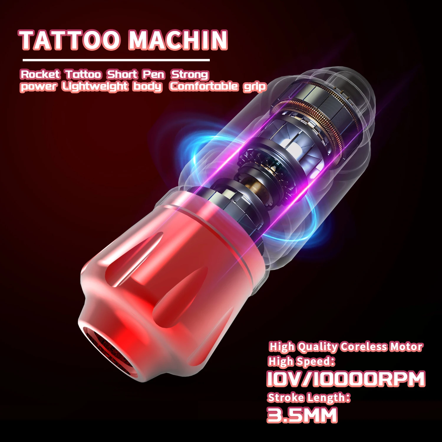 Professional Tattoo Kit Wireless Rocket Tattoo Kit Complete Secant Fog Tattoo Machine with 1300mAh Cordless Tattoo Power Supply