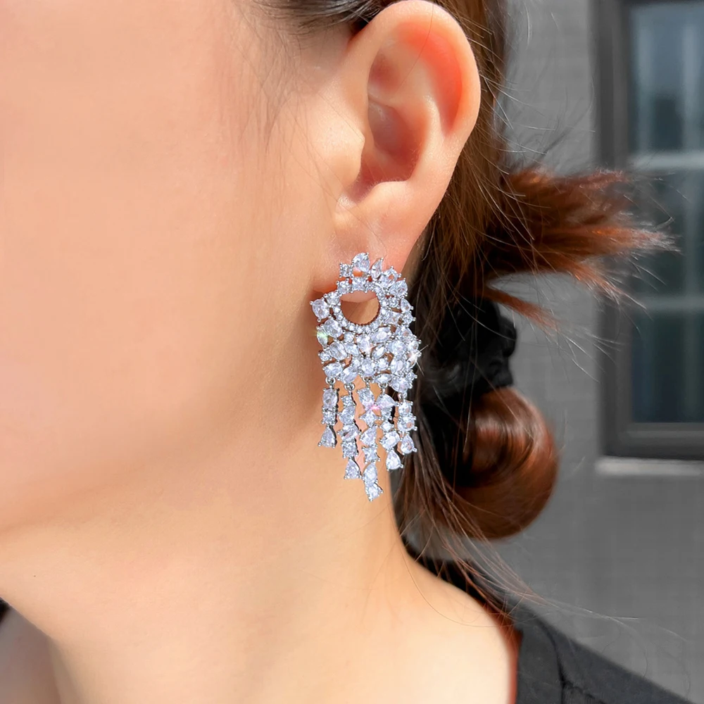 BeaQueen Classic Tassel Waterdrop Zirconia Paved Silver Plated Long Dangling Drop Earrings for Women Wedding Party Gift E770