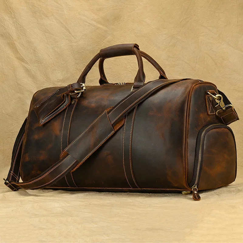 Sac de voyage en cuir vintage pour homme, bagage à main de grande capacité, fourre-tout de week-end masculin, bagage familial, chaussure de luage