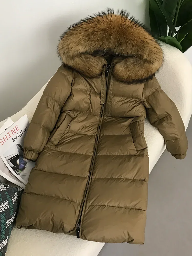2025 المرأة الأبيض بطة أسفل الإناث معطف دافئ سميك ريال الراكون الثعلب الفراء طوق مقنعين سترة طويلة Winte ملابس خارجية فاخرة