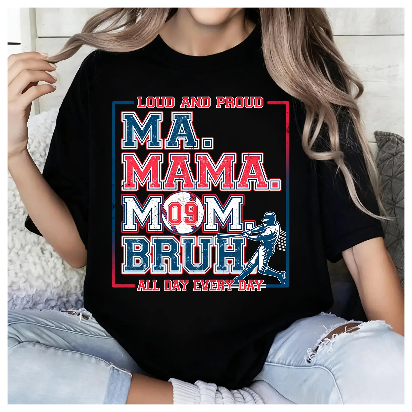 100% Cotton Women's Ma Mama Mom Bruh Baseball Mom Loud And Proud T-Shirt, Game Day Cheering & Support Baseball Player Mama Tee, Mother's Day Gift