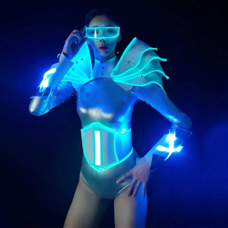 Future Technology-Costume de Chanteur en Argent Trempé de Lumière LED, Tenue de ix, Discothèque, DJ, Ds, Pole Dance, Festival de Musique, Femme, Tricot