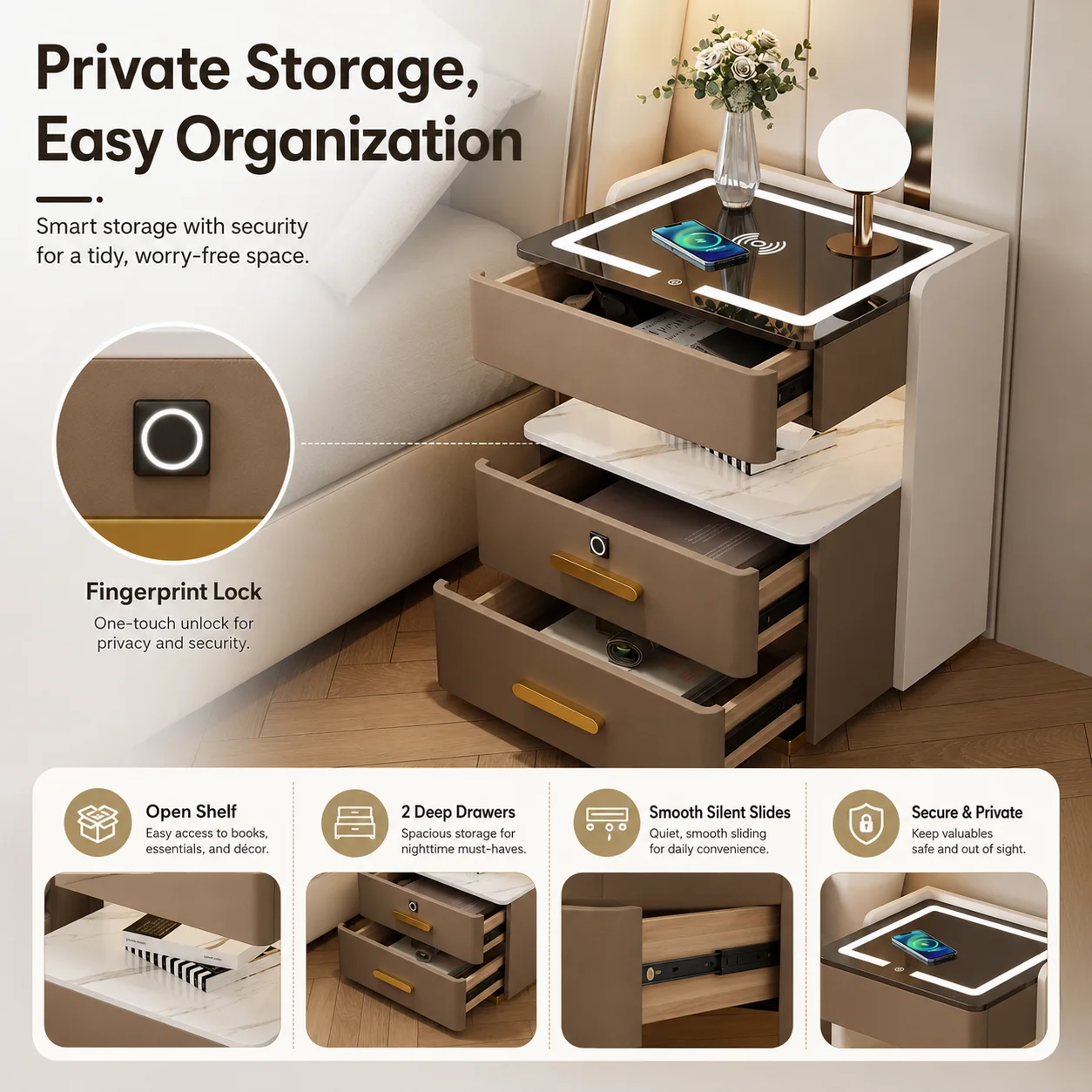 Smart Bedside Table With Wireless Charging LED Light Nightstand Storage Cabinet Bedroom Furniture Home Decor
