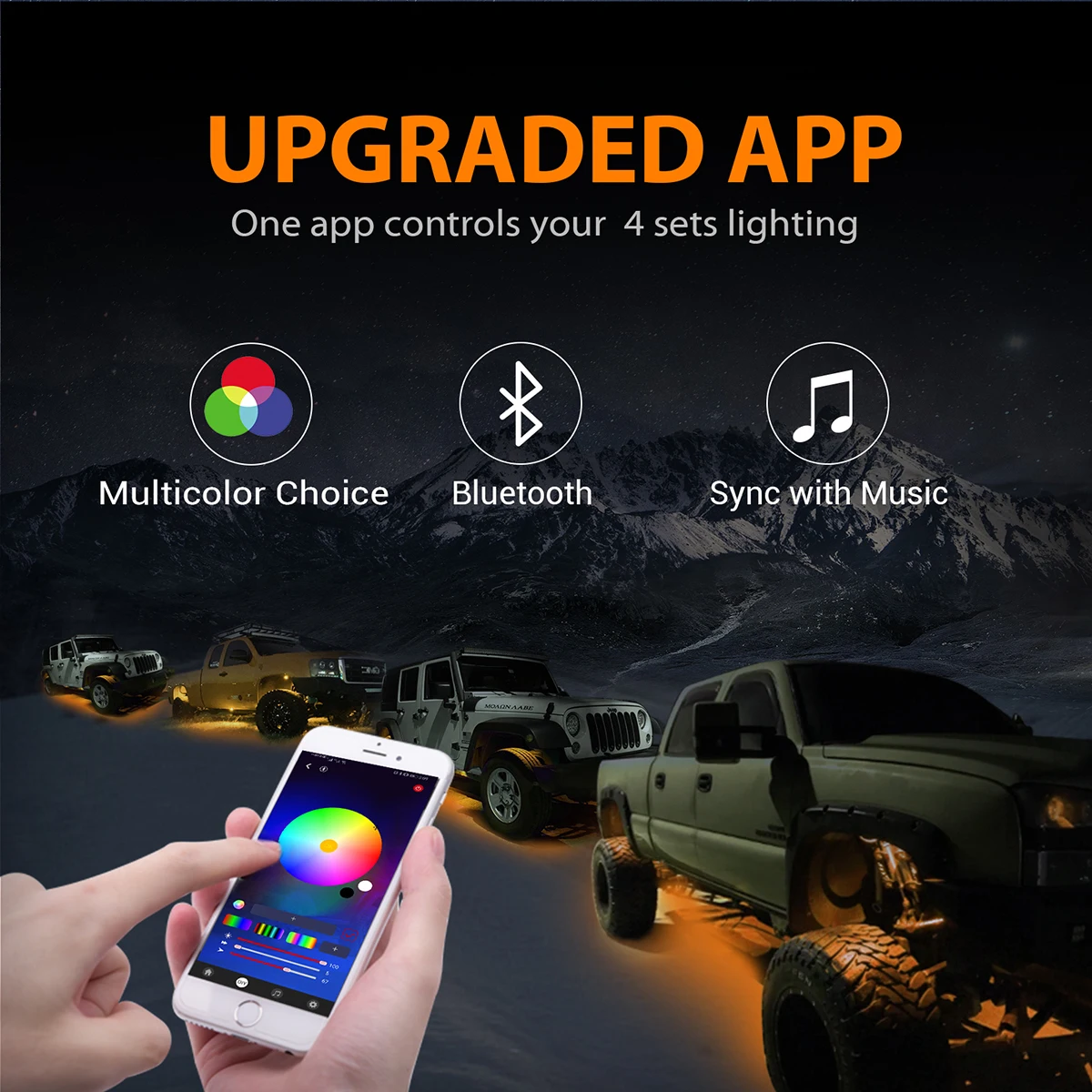 MICTUNING CM  4 Pods RGB LED Rock Lights,Wireless App Controller Remote,Music Mode,IP68 Waterproof Neon LED Lights Kit