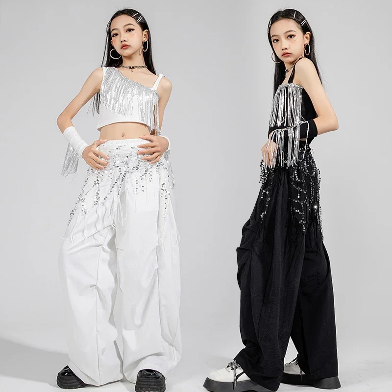 

Jazz Outfit Girls Kpop Stage Outfit Fringe Tank Top Black Hip Hop Trousers Fashion Show Costume Kids Street Dance Wear