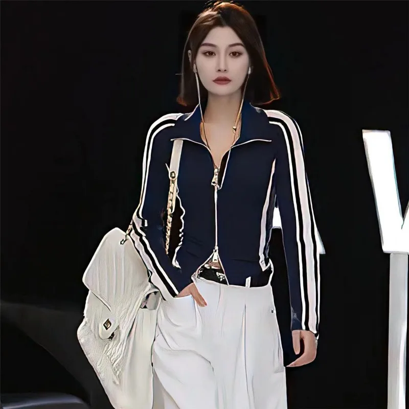 Casual Sports Coat Women Spring Long Sleeve Zipper Striped Jacket Korean Fashion Vintage High Street Cool Girls Grunge Y2k Tops