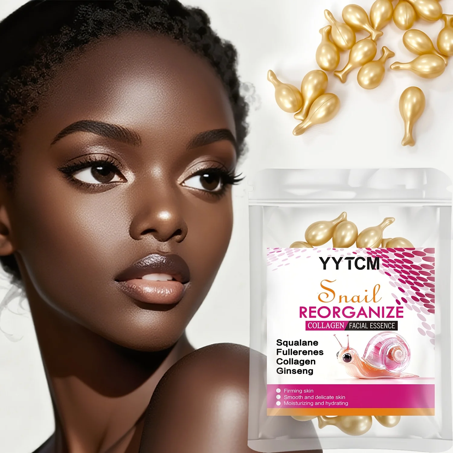 Snail Recombinant Collagen Essence Capsules, Moisturizing and Firming Essence, Smoothens Skin, Contains Squalane, Ginseng Extract, Deeply Hydrates (0.34Gx30 Capsules)/Bag-1 Bag
