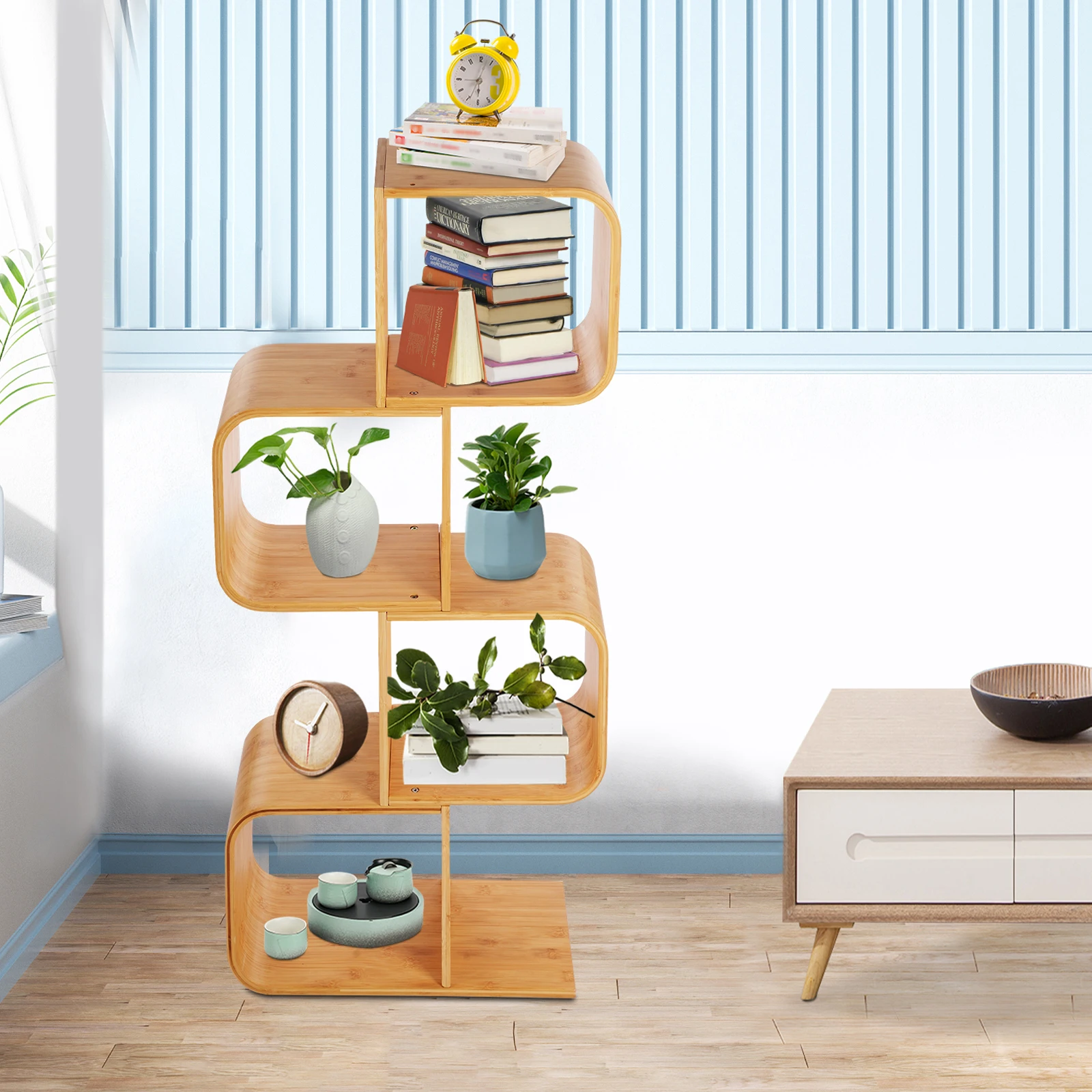 4-tier S-shaped Bookcase Floor Standing Useful Home Rest Corner