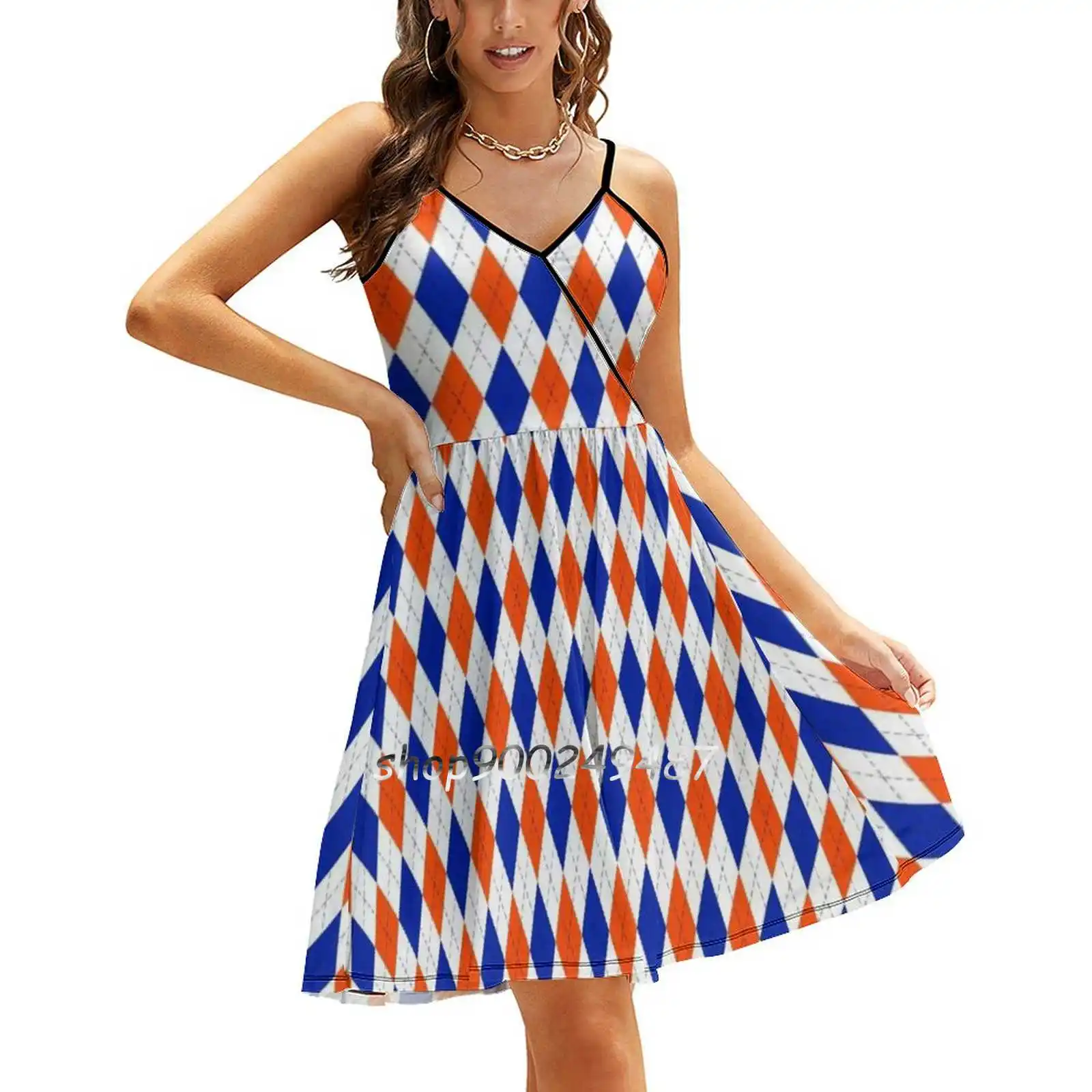 Orange And Blue Traditional Argyle All Over Print Sling Dress Sexy Dress Female High Waist Dresses For Women Orange And Blue