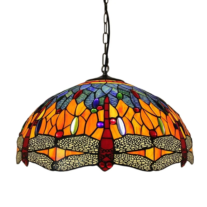 16 นิ้ว 20 ซม.Retro DRAGONFLY Light Tiffany Stained Glass ร้านอาหารบาร์คลับห้องรอบจี้สําหรับห้องนอน House Home