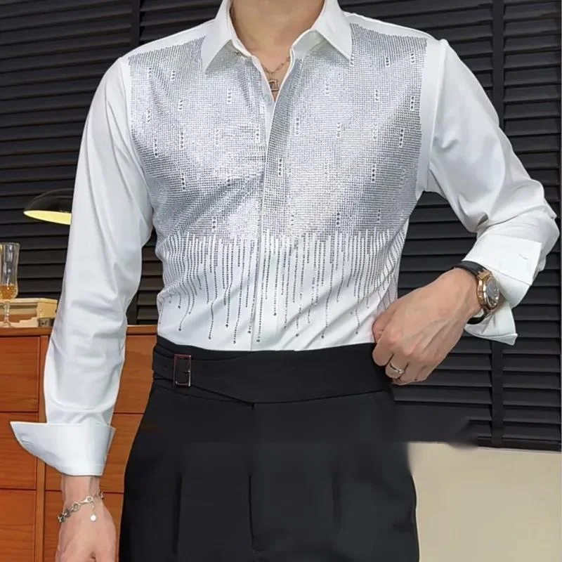 WVGA Spring Autumn New Men's Tide Luxury Full-diamond Design Silky Draped Trendy Shirt Niche Casual Turn-Down Collar Tops W21987