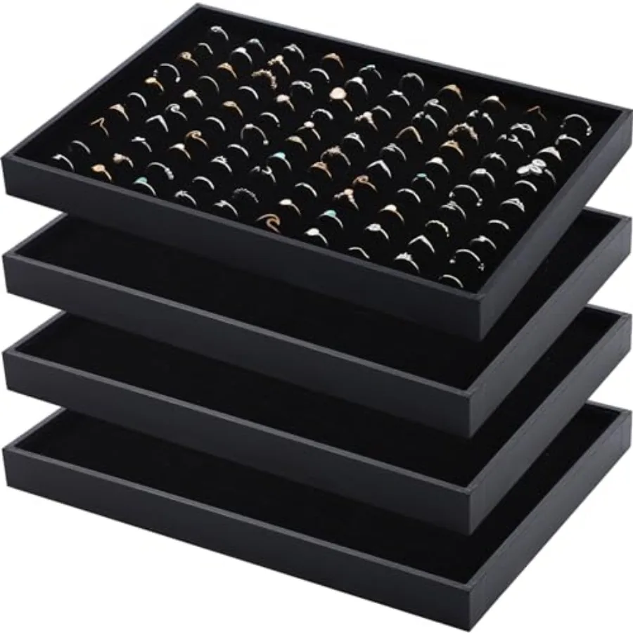 

4 Pcs Cardboard Ring Holder with Velvet Lining 100 Slot Inserts Stackable Ring Display Tray 13.8 x 9.4 x 1.2 inch