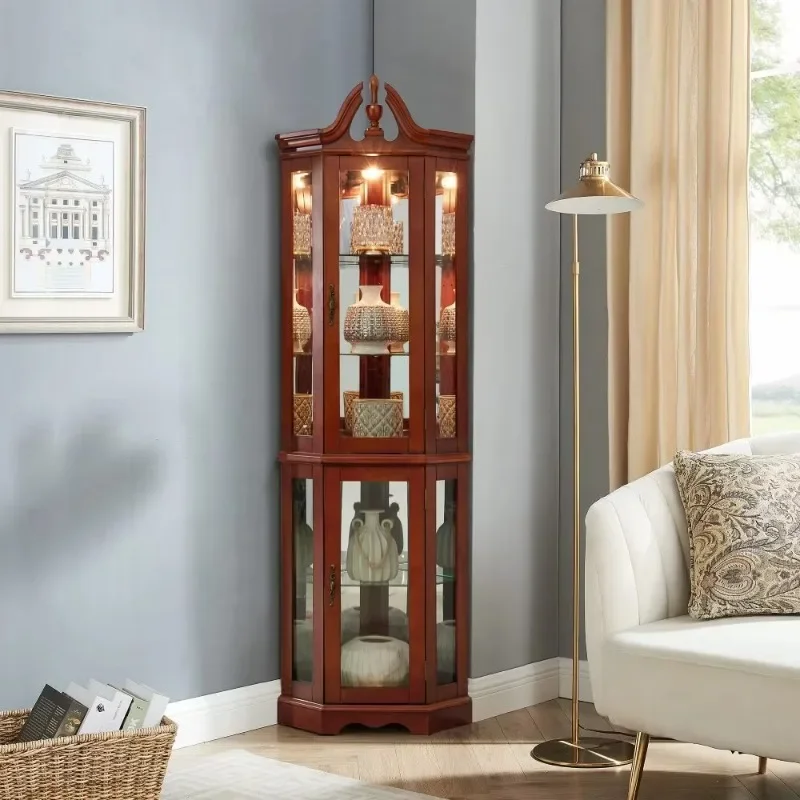 Walnut Corner Antique Cabinet with Light, Adjustable Tempered Glass Shelf, Mirror Back, Display Cabinet