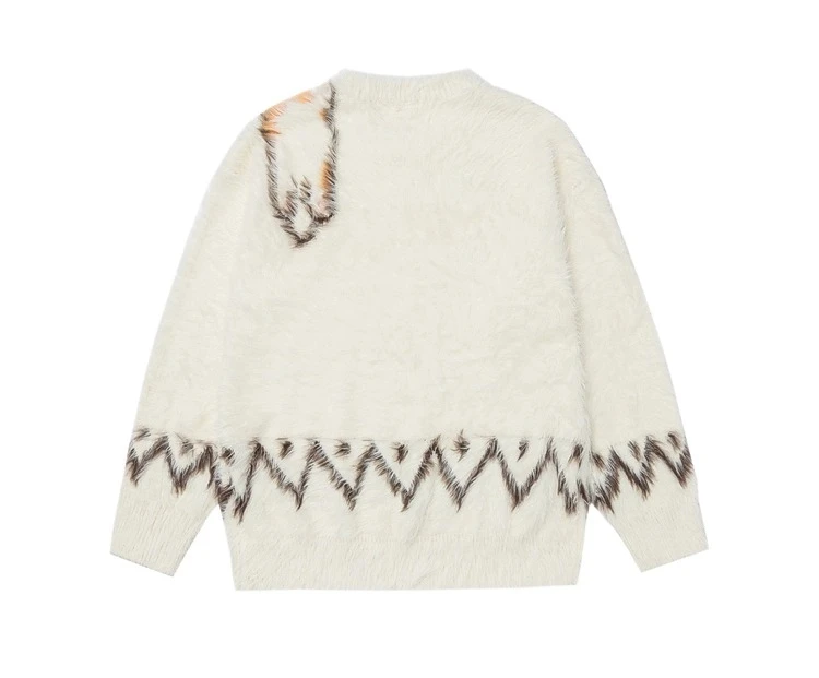 American Style Men's Cat Jacquard Mohair Black Round Neck Knit Sweater Autumn Winter Couple Style Loose Casual Apricot Sweater