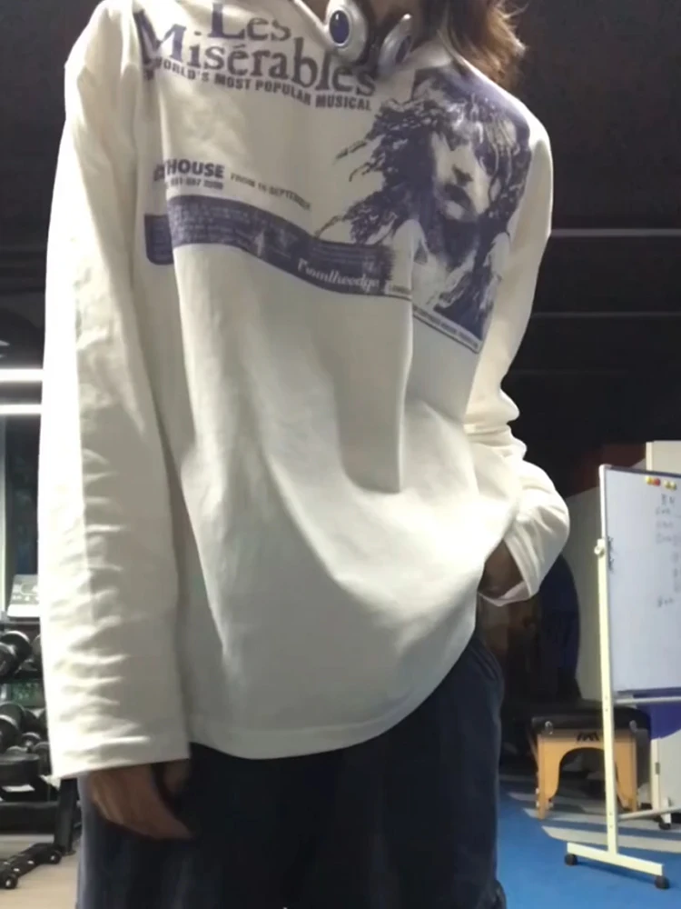 Retro americano manchado impressão longa sve redonda ne camiseta feminina primavera outono solto casual base irt topo tecido de algodão