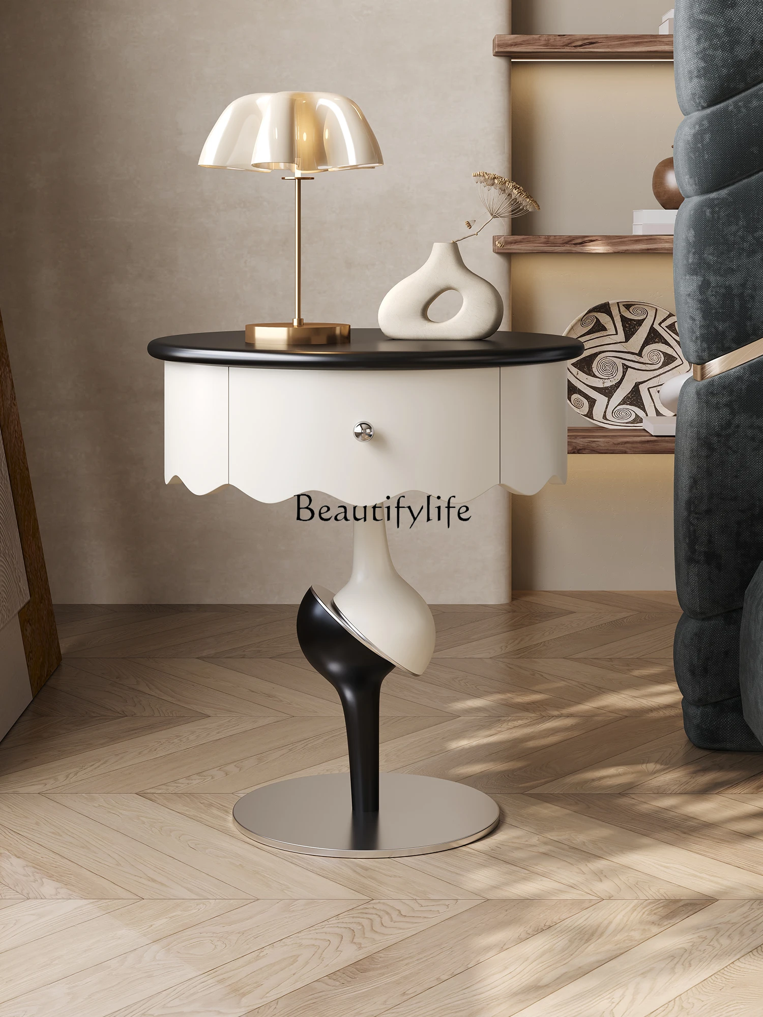 

Designer's original bedside table Italian simple household bedroom cream style living room high-end side cabinet