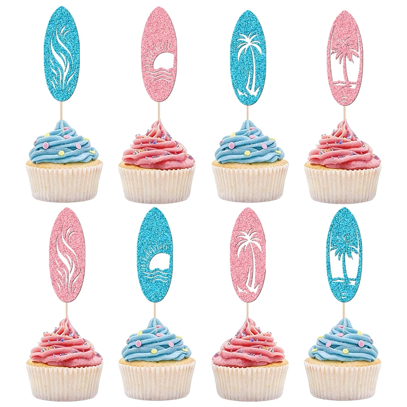 NUBECOM 24 Stück Surfbrett-Cupcake-Topper, glitzernde Sommer-Surfbrett-Kuchenaufsätze für Duschpartys und Dekorationen – Detail 6