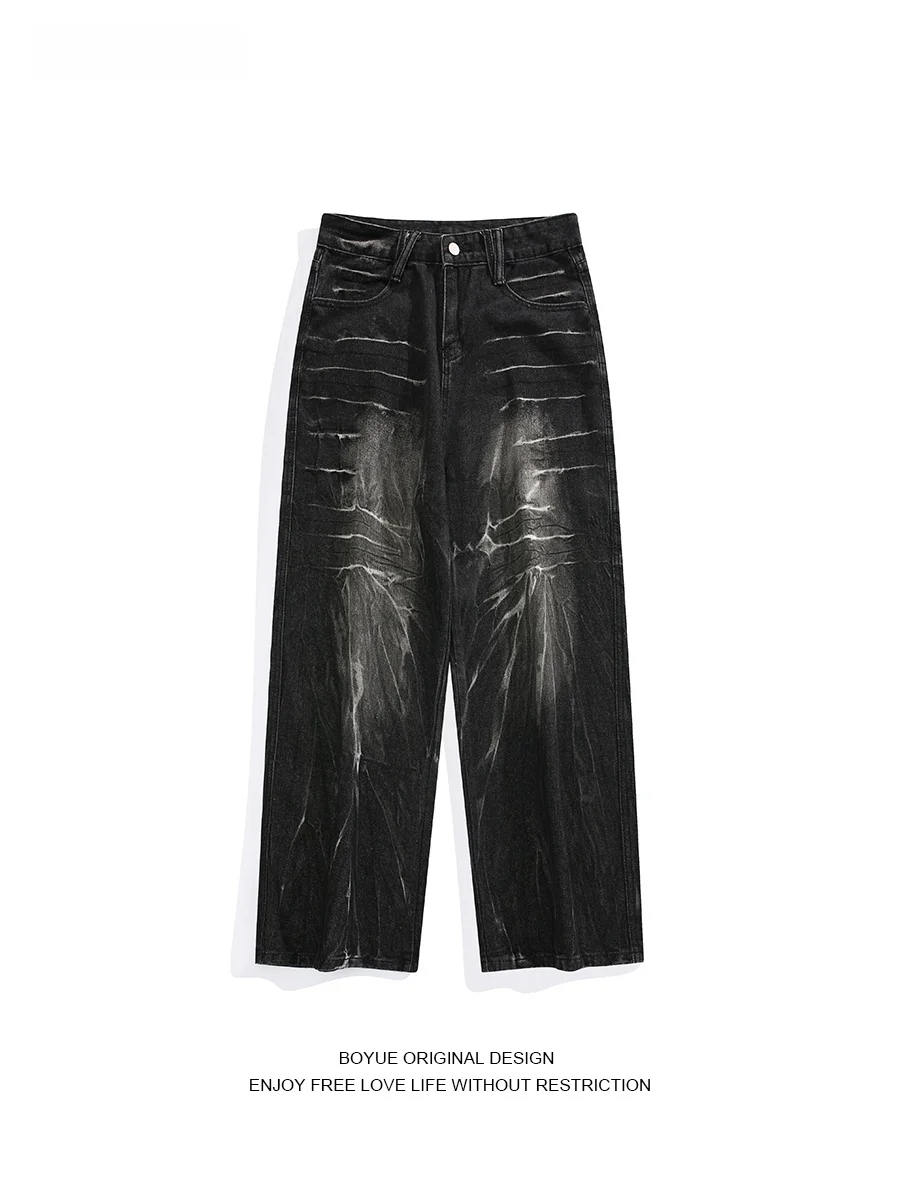 

Boyue American Sle Vintage Lightning Pattern Jeans Men's k Color Street Sle Faded Large Size Straight Leg Casual Pants
