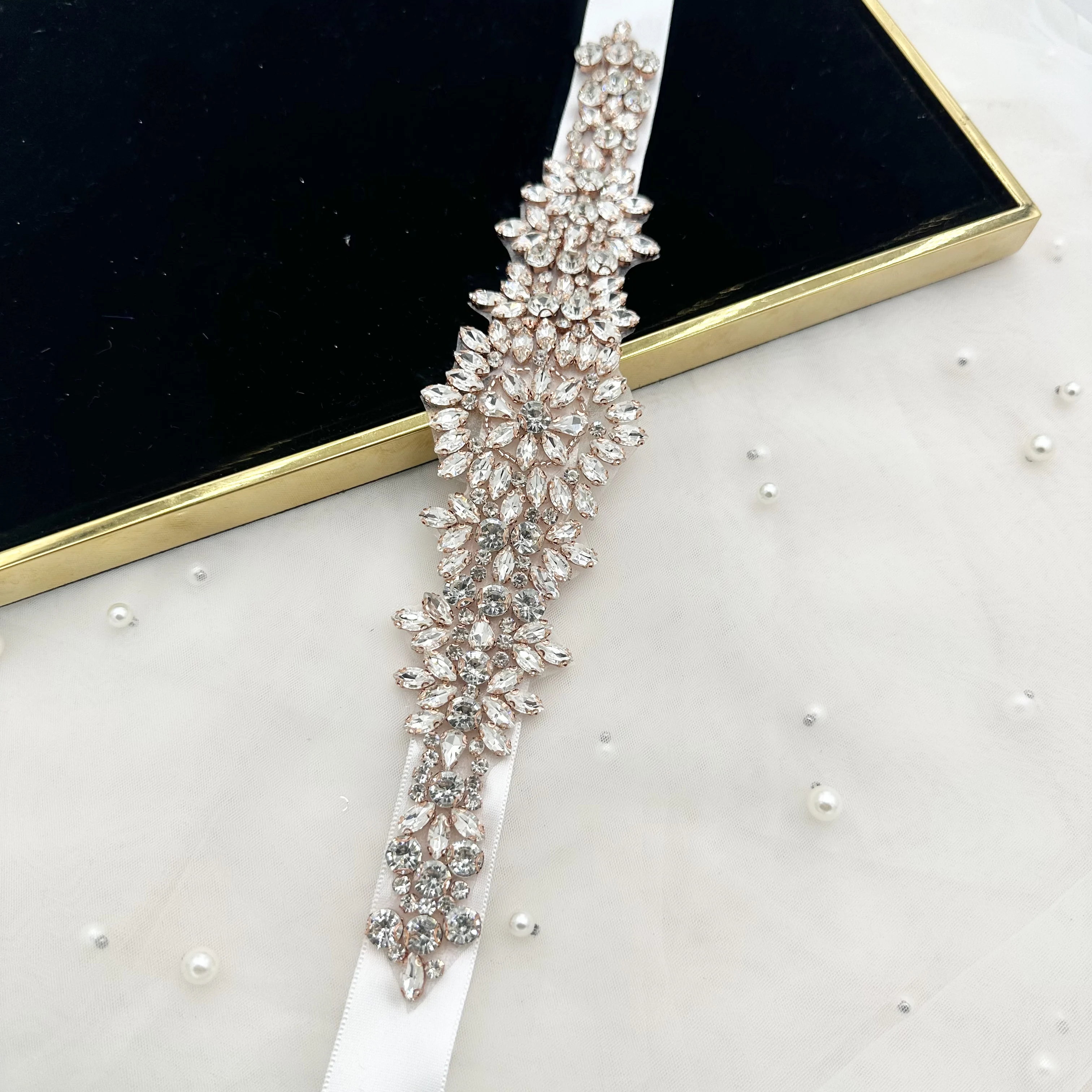 gold belts for prom dresses Ribbon Waist Belt with Glass Beads And Rhinestone Adhesive Back Ladies Wedding Dress Waist Seal Costume Accessories golden belt for dress
