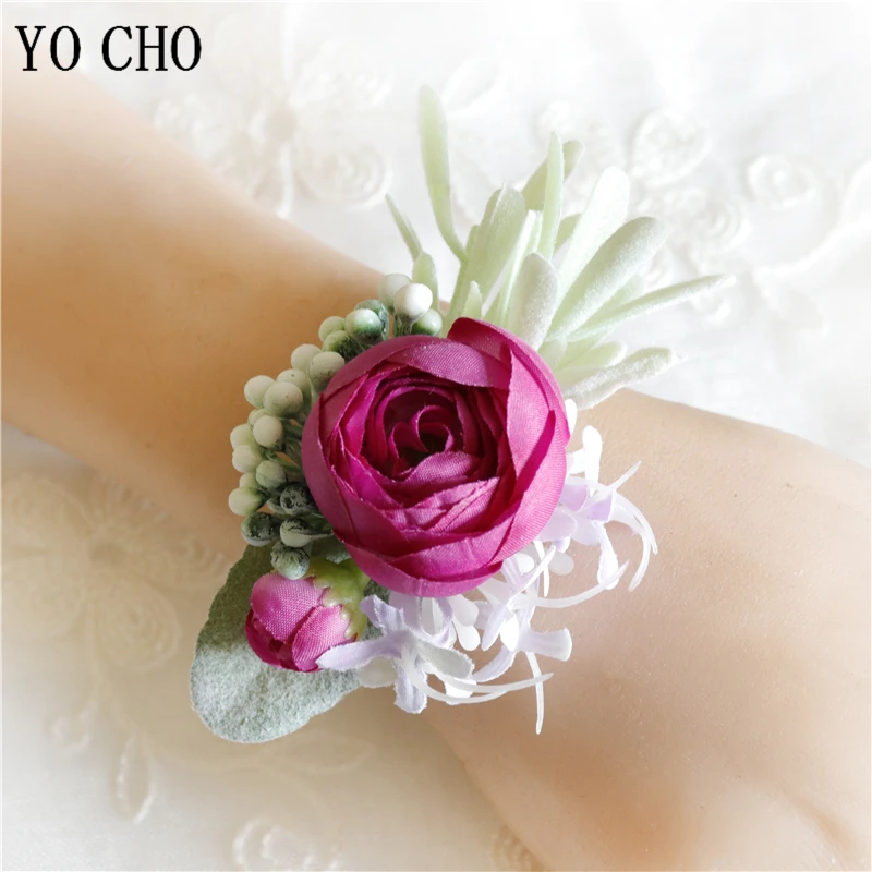 YO CHO Hochzeits-Corsagen, Blumen-Boutonniere für den Bräutigam, lila Seidenrosen-Broschen für Herren, Hochzeits-Brautjungfern-Armband, Handgelenk-Corsage-Blume – Detail 9