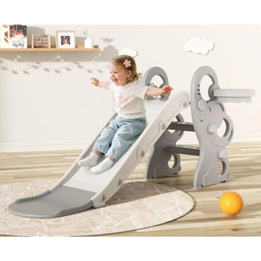 

Toddler Slide Indoor Outdoor Playset with Basketball Hoop and Ring Toss Foldable Baby Plastic Slide Outdoor Playground Climber